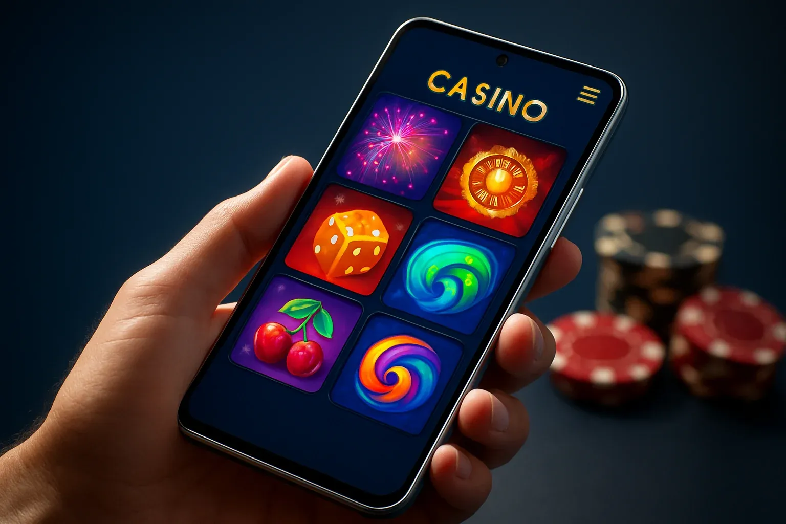 Flagship Android smartphone displaying vivid premium casino app interface