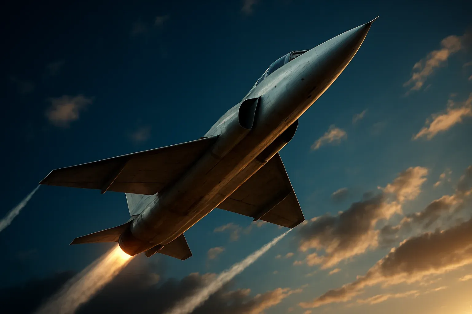 Hyperrealistic white jet aircraft climbing steeply in dramatic blue sky