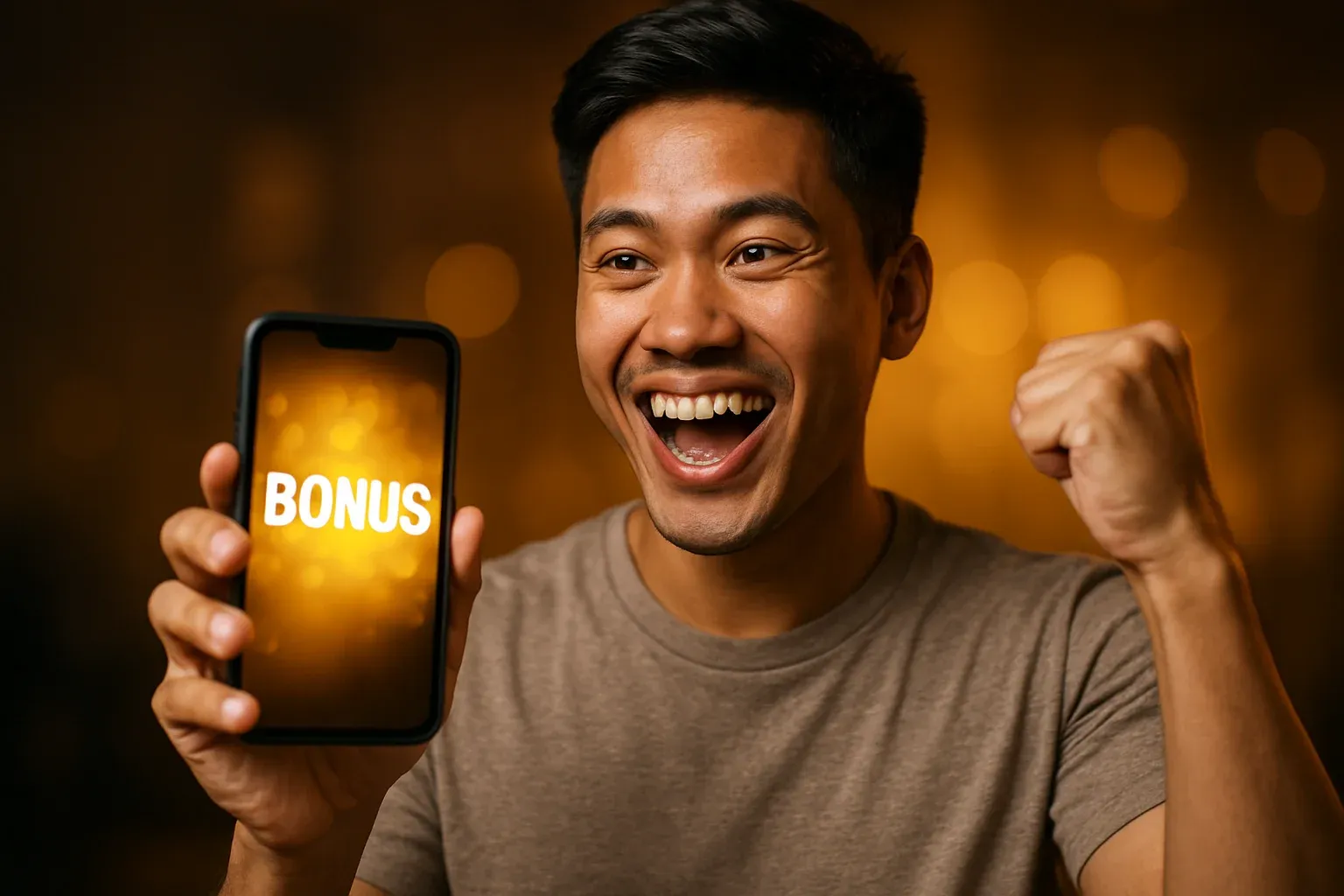 Joyful young Philippines man holding smartphone showing BONUS reward interface