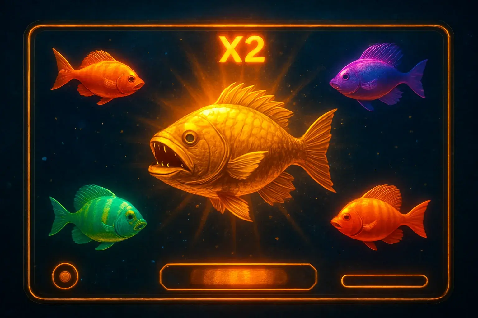 Glowing tropical fish and golden boss fish in underwater arcade scene