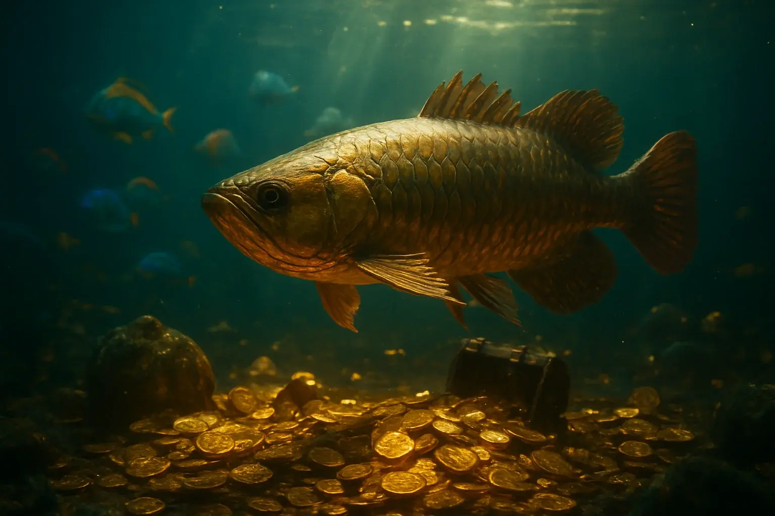 Hyperrealistic golden dragon fish underwater with treasure and glowing coins