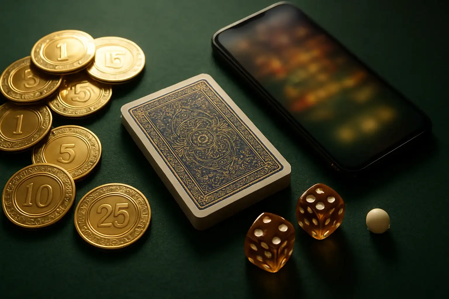 Top-down premium casino table with chips, cards, dice, roulette ball, smartphone