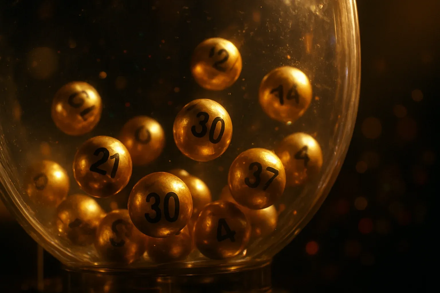 Glowing golden lottery balls tumbling inside a transparent draw machine