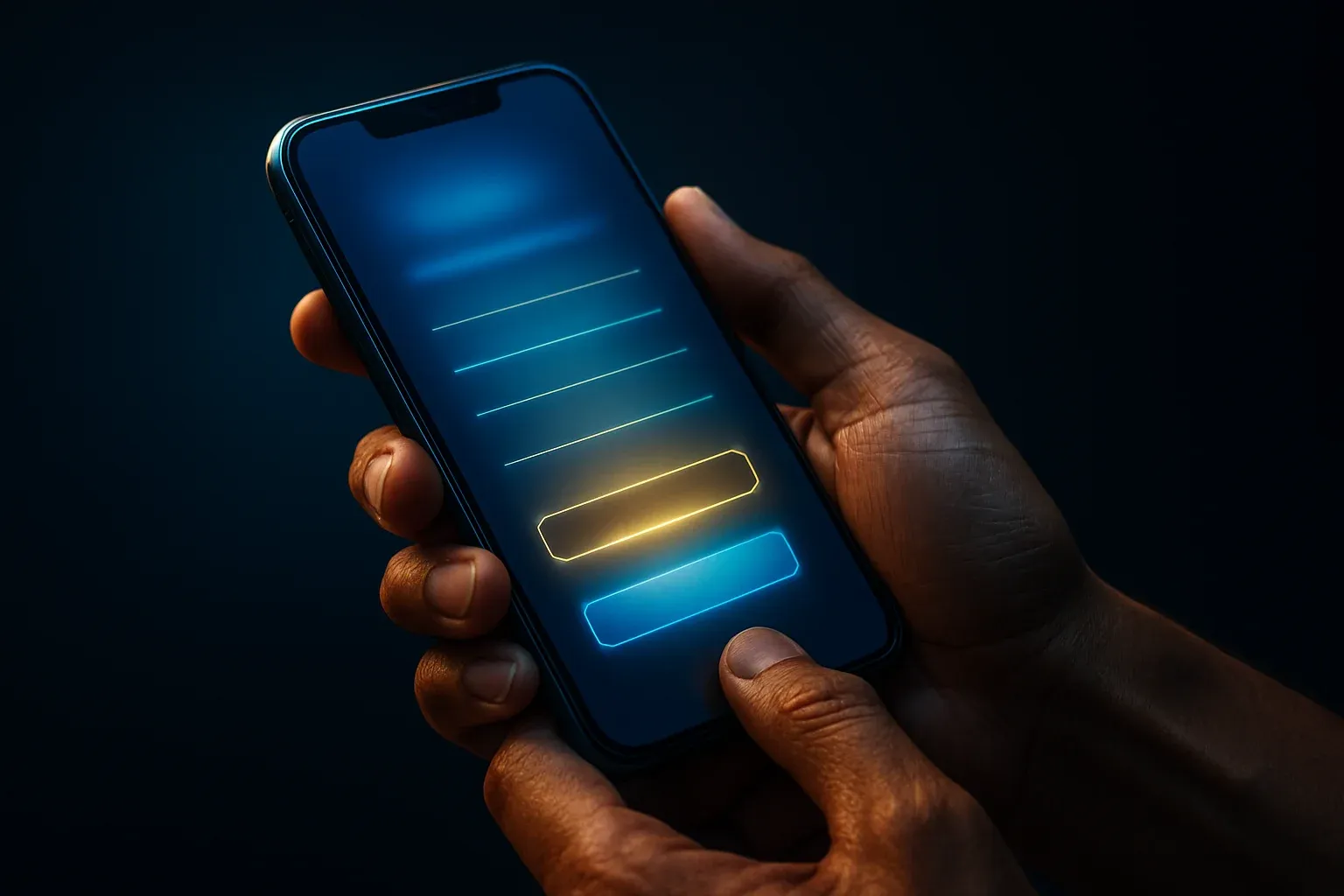 Filipino man's hands holding smartphone with glowing registration interface