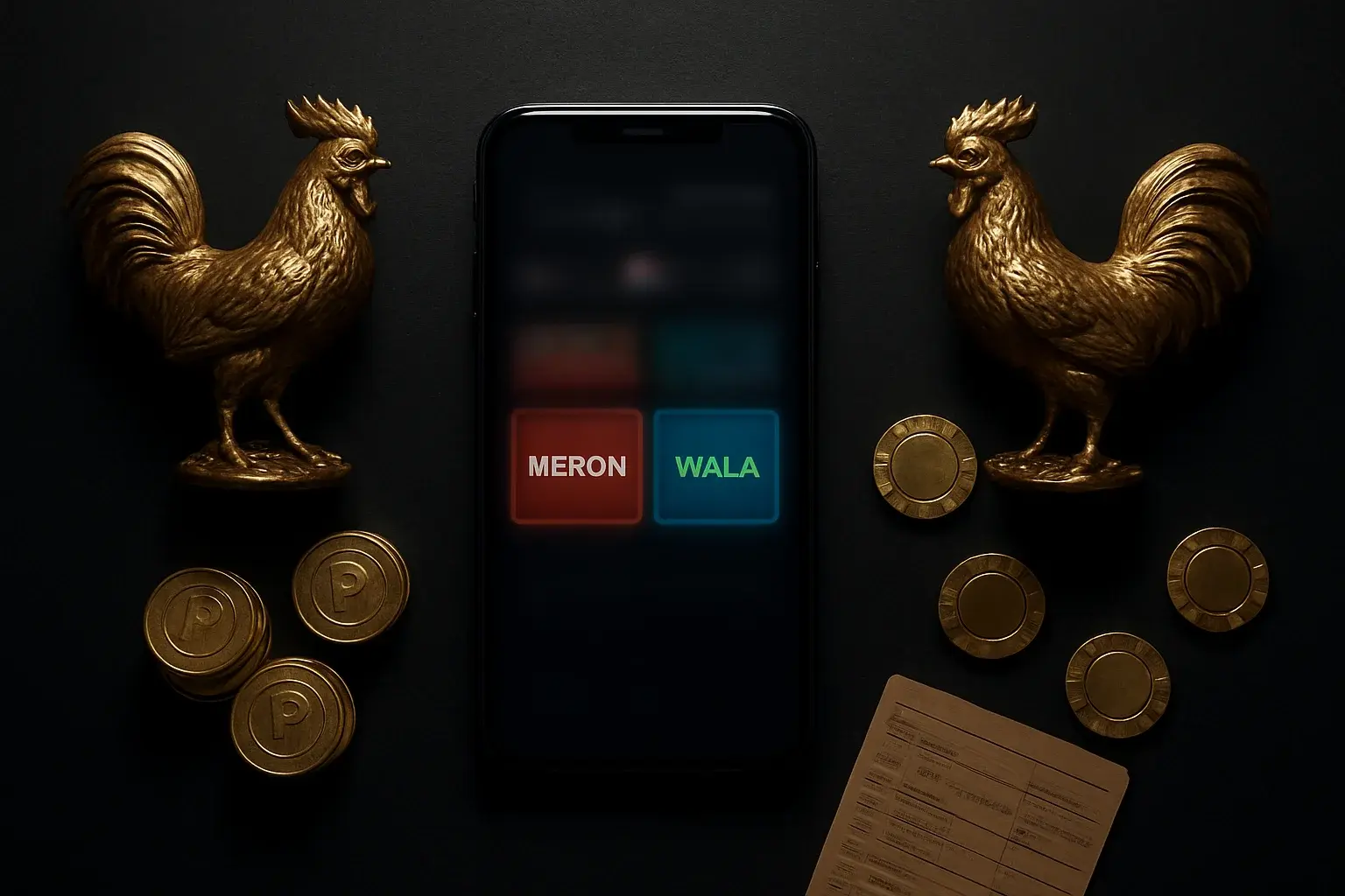 Smartphone with sabong betting interface, golden roosters, coins, and chips